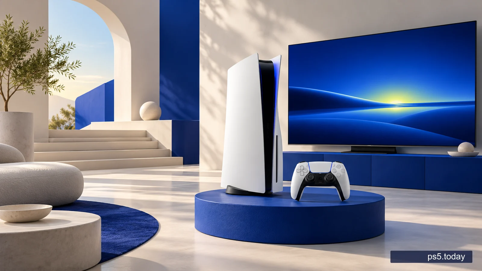 Illustration of a white console and controller beside a blue-screen television in a bright room